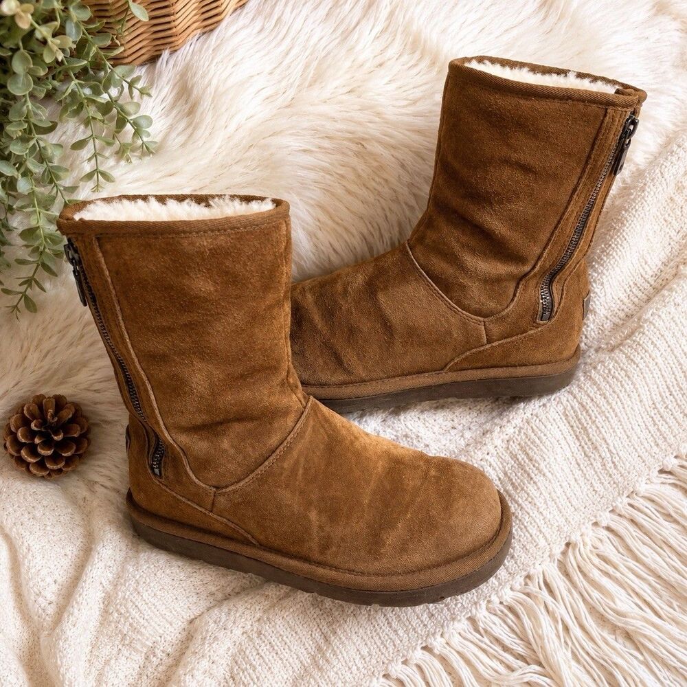 Ugg Womens Classic Boots Slippers Booties Mid Calf Side Zipper Size 7 Chestnut